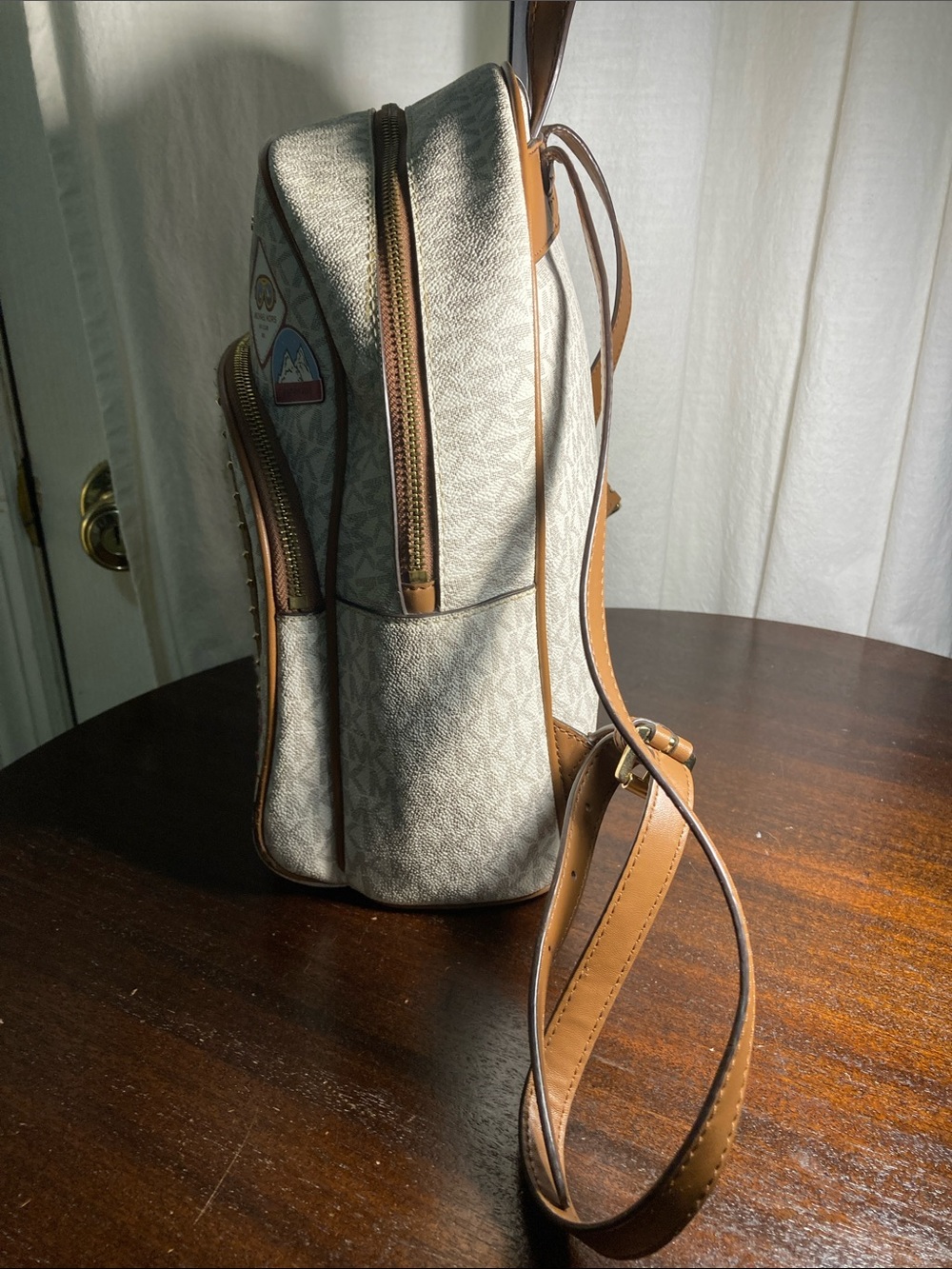 Michael Kors Cream Logo Aspen Patch Backpack with Tan Trim - Picture 3 of 14